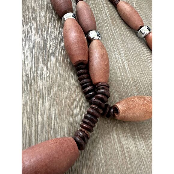 Vintage 70s Long Wooden Bead Necklace | 40” with Silver Tone Spacers - Picture 5 of 6